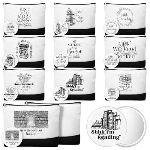 Paterr 20 Pcs Book Lover Gifts for Women Inspirational Canvas Makeup Bag with Zipper and Mini Compact Mirrors Thank You Gift for Book Club Reading Student Teacher Librarian Writer