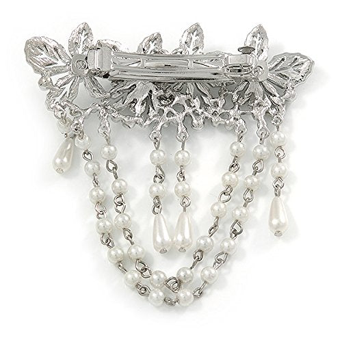Rhodium Plated Floral Barrette Hair Clip - Clear Crystal & White Faux Pearl | 95mm