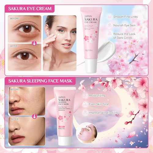 Sakura Skin Care Set, Skincare for Girls 10-12, 15Pcs Skincare Gift Set for Teens Complete Skincare Routine, Travel Size Skincare Set with Hair Clips, Kids Skin Care Set for Girls Ages 8-12