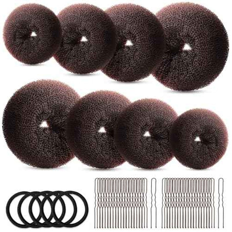 FANDAMEI Hair Bun Maker Set- 8 PCS Hair Donuts for Buns (2 Extra-large,2 Large,2 Medium and 2 Small), 40 PCS Bobby Pins, 5 PCS Hair Elastic Ties Black,Bun Maker - Brown
