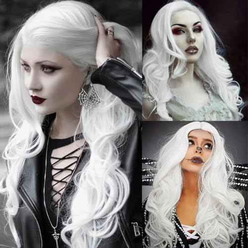 White Cosplay Wigs for Women Long Curly Wavy Middle Part Wig Heat Resistant Fibre Hair Wig for Halloween Costume Party Use