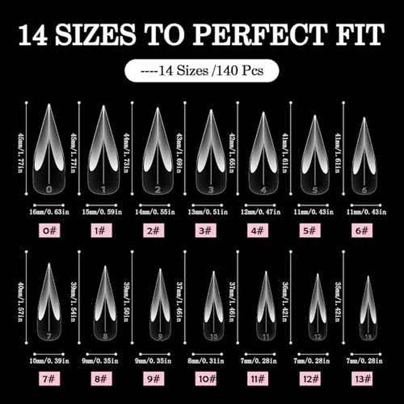 Curved Stiletto Nail Dual Forms for Poly Gel Extension of 3D Eagle Claw, Hawk Shape Full Cover Acrylic Nail Forms, Reusable Nail Molds for Halloween Nail Art Design 140 Pcs 14 sizes