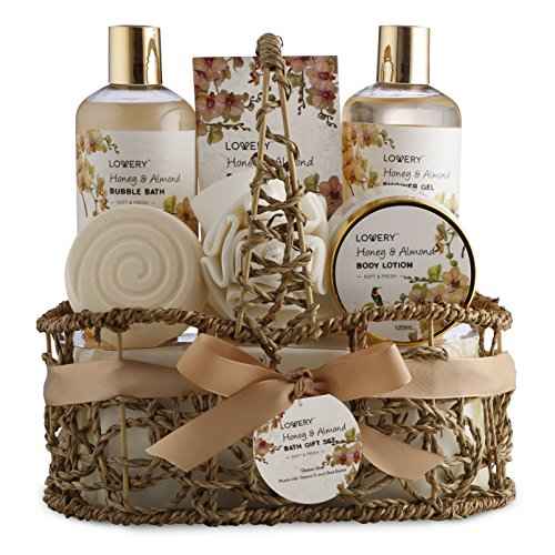 Womens Gifts, Gift Baskets for Women Who Have Everything, Home Spa Honey & Almond Scent, Luxury Bath & Body Set - Shower Gel, Bubble Bath, Body Lotion, Salts, Bath Bomb, Bath Puff & Handmade Basket