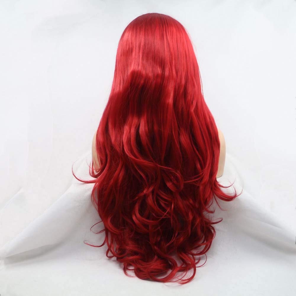 Melody Synthetic Lace Front Red Wigs Long Body Wave Hair Heat Resistant Fiber Hair Wigs For Women Cosplay Part Wigs High Density 24Inches Red color
