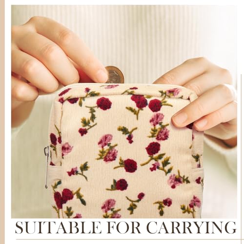 Abbylike 4 Pcs Floral Makeup Bag Cosmetic Bag with Zipper Portable Small Pouches for Purse Toiletry Mini Pouch Cute Mini Makeup Purse for Coin Essentials Items Women (Retro)
