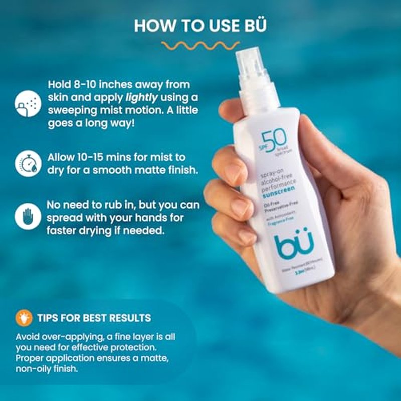 BU SPF 50 Sunscreen Spray for Face and Body, Fragrance Free, Clear Non Aeorsol, Non Greasy and Water Resistant (2-pack)