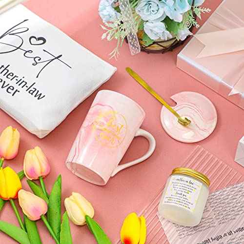 Lallisa 4 Pcs Best Mother-in-Law Ever Gift Box Coffee Mug Lavender Scented Candles Makeup Bags for Mother's Day Birthday Gifts from Daughter-in-Law Son-in-Law