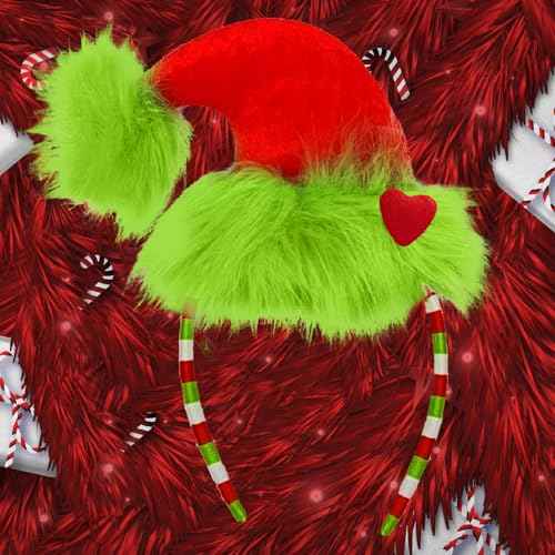 Green Furry Headband Christmas Hat Headband with Red Heart Cute Headpiece Funny Novelty Costume Accessories Christmas Party Favors Women Men