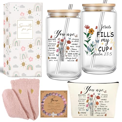 Christian Gift for Women Faith Religious Gifts Birthday Mothers Day Gifts for Women Mom Sister Best Friends Wife Coworkers-Inspirational Verse Glass/Makeup Bag