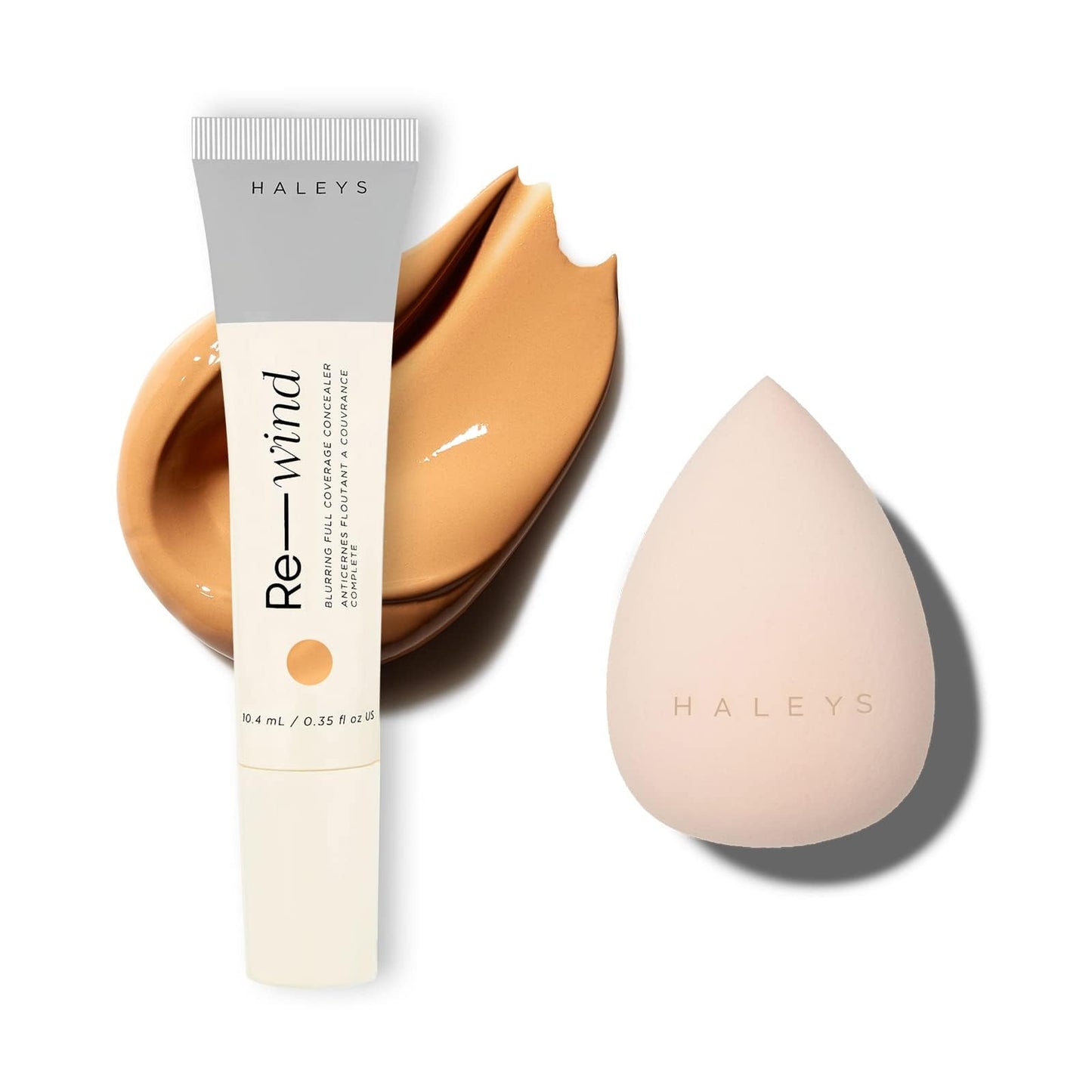 HALEYS Re-wind Concealer & Re-mix Beauty Blender Set (Tan-Warm): Full Coverage Brightening Concealer + Latex-Free Makeup Sponge, Blurring, Longwear, Non-Caking, Smooth Soft-Matte Finish