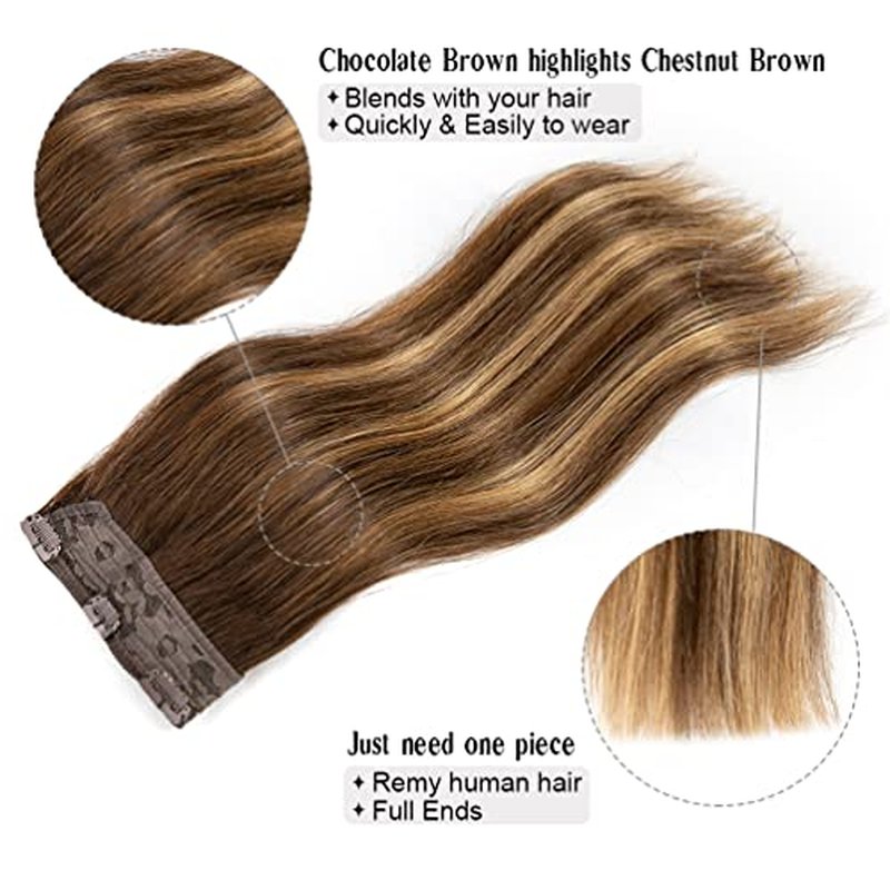 Winsky Hair Extensions Real Human Hair - One Piece Brown Balayage Remy Hair Extensions Clip on 70gram for Women (14inch, #4T27P4)