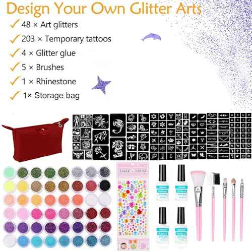 Glitter Tattoos Kit 48 Colors Waterproof Temporary Tattoos with 203 Stencils, 5 Brushes 4 Glue, Body Nail Art, Body Glitter Festival Party (48 Colors)
