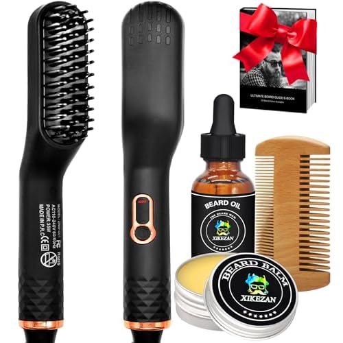 Beard Straightener w/Beard Oil & Balm & Guide E-Book,Upgraded 3 in 1 Hair Straightener Brush Beard Straightening Comb,Unique Stocking Stuffers Gifts for Men Him Dad Husband Birthday Christmas Gifts
