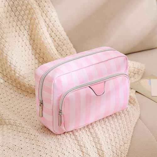 Waterproof Travel Makeup Bag, Aesthetic Nylon Striped Cosmetic Bag£¬Coquette Traveling Toiletry Bag With Zipper, Cosmetic Pouch for Women Purse, Ideal for Women and Girls(02 Compartments)