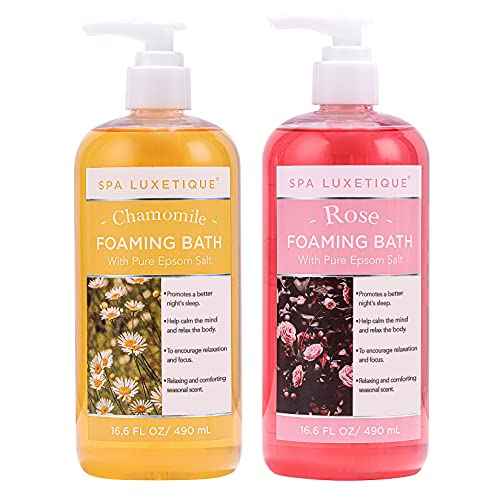 Bubble Bath, Spa Luxetique Foaming Bath for Women with Pure Epsom Salt, Bath Sets Rose and Chamomile Scent, Moisturizing and Relaxing Spa Gifts for Mom, 33.2 Oz (2 Pack)