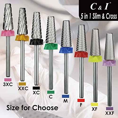 C & I 5 in 1 Nail Drill Bit, Cross & Slim Edition, Professional Nail Drills for Electric Manicure Drill Machine (Double Fine -XXF)
