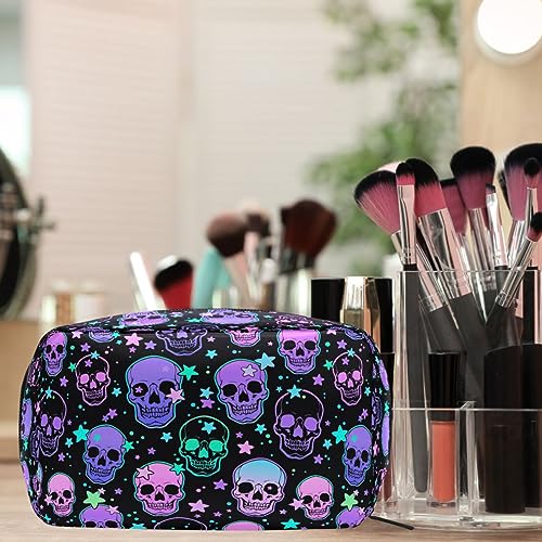 MNSRUU Small Cosmetic Bag for Girl Women Travel, Stars Purple Skulls Makeup Toiletry Organizer Bags with Compartments