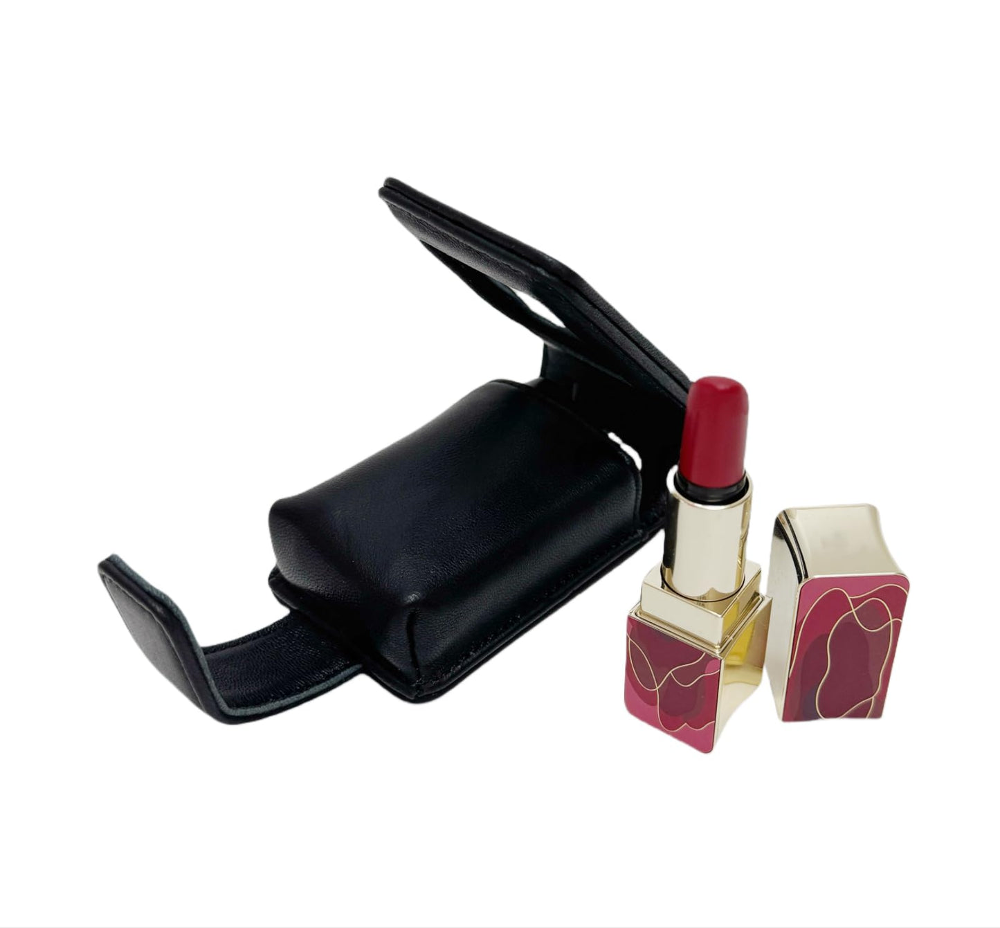 AgentMoon Portable Lipstick Pouch with a Mirror,Genuine Leather Magnetic Snap.Black Rhombus