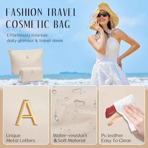 Women Gifts | Initial Makeup Bag Set for Girl Personalized Gifts for Bridesmaid Friend Graduation Teachers PU Leather Cosmetic Travel Toiletry Bag(Beige,A)