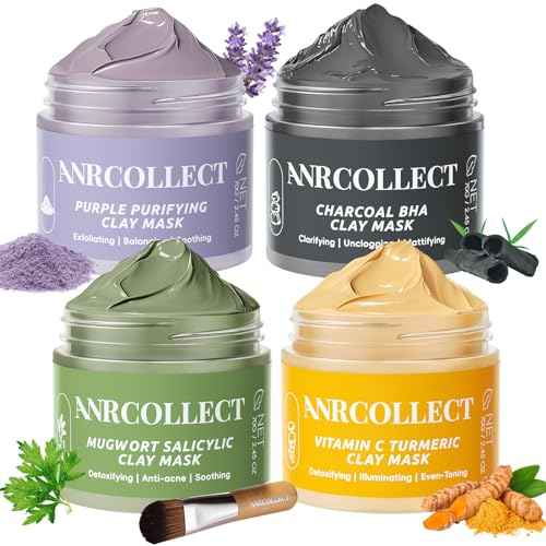 Face Mask Set, 4Pcs Clay Mask, Face Masks Skin Care with Vitamin C, Charcoal, Mugwort and Purple Clay, Skincare Gift Set for Blackheads, Refining Pores & Controling Oil, Dry Oily Skin