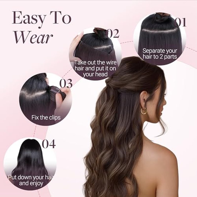 GOO GOO Wire Hair Extensions Human Hair, 4/27/4 Chocolate Brown with Caramel Blonde Balayage 12inch 70g, Invisible Wire Hair Extensions with Transparent, Seamless Fish Line Hairpiece