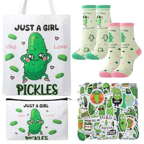 Pickle Gifts for Women - Pickle Lover Gifts Set Travel Cosmetic Bags Portable Reusable Canvas Tote Bag Funny Novelty Gag Socks Stickers Christmas Gifts for Teen Girls