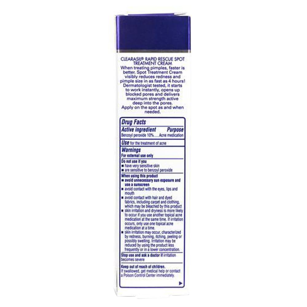 Clearasil, Cream Rapid Rescue Spot Cream with Benzoyl Peroxide Medication for Relief in as fast as 4 hours, Vanishing Acne Treatment, 1 Ounce