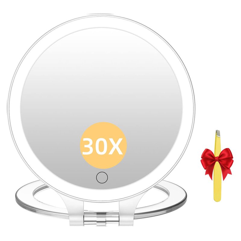 FASCINATE Travel 30X Magnifying Mirror with Light, Lighted Makeup Mirror Double Sided Magnification with 3 Color Setting & Stepless Dimming, Adjustable Rotation Rechargeable LED Vanity Mirror