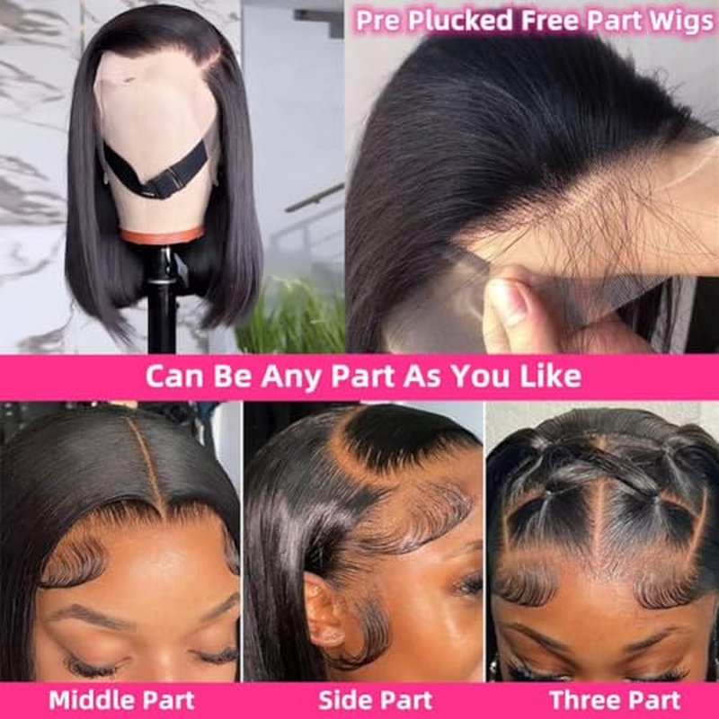 Bob Wig Human Hair 13x4 Lace Front Wigs Human Hair Pre Plucked 14 Inch Straight HD Lace Frontal Short Glueless Wigs for Women with Baby Hair 180% Density Natural Black Color