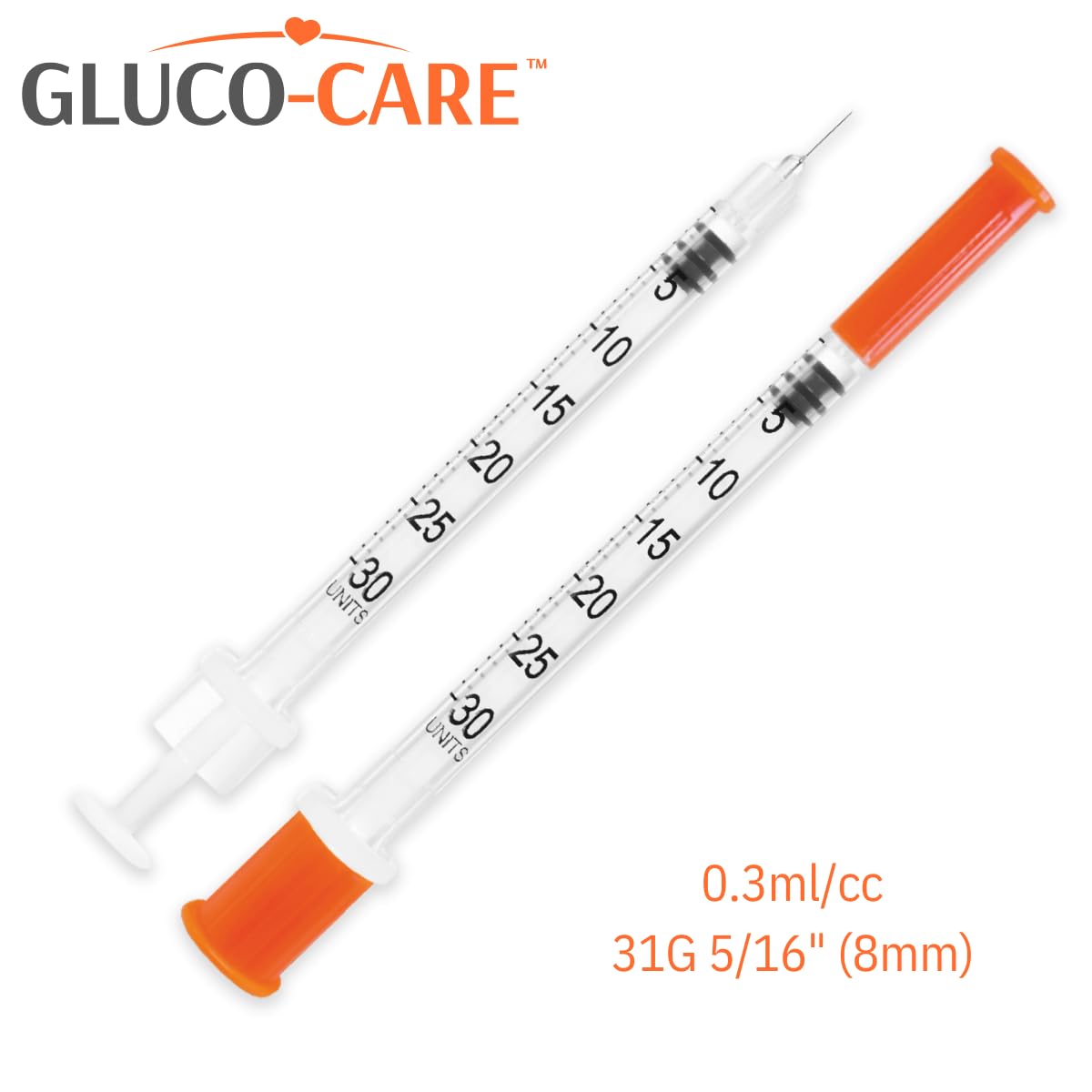 GLUCO-CARE 0.3 ml/cc Syringes 31G x 5/16’’ (8mm), Orange Cap, Box of 100 pcs