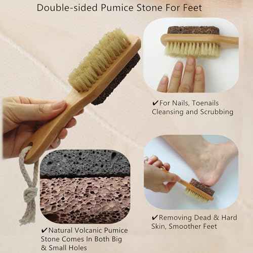 Natural Lava Pumice Stone for Feet with Brush, Callus Remover Foot Scrubber Exfoliator Pedicure Tools for Hard Dead Skin, Softer & Smoother Feet, Double Sided Boar Bristles Wooden Handle