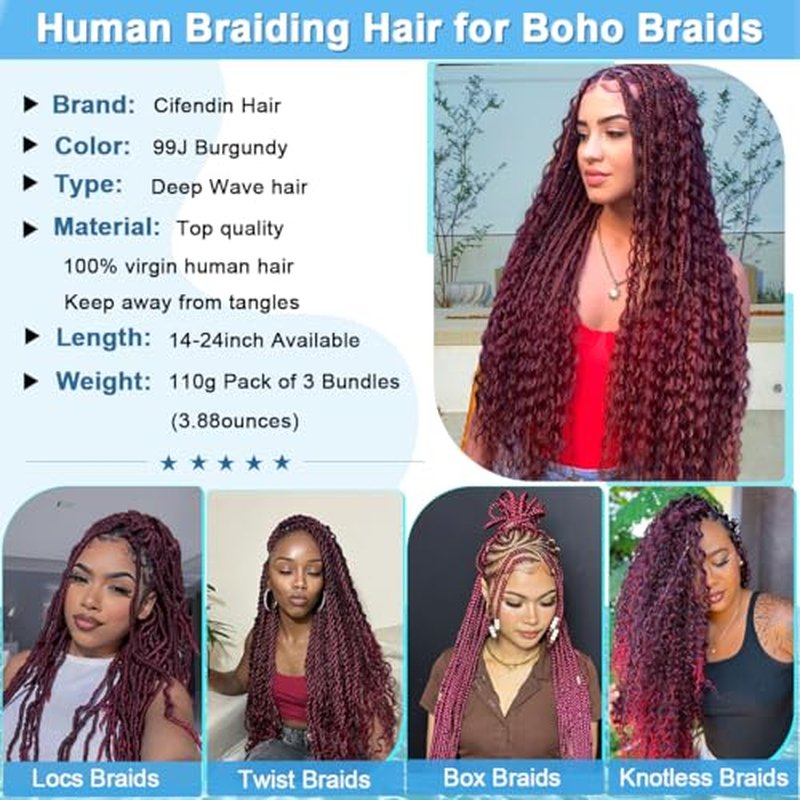 Human Braiding Hair for Boho Braids 110g 20 Inch Burgundy Curly Boho Hair for Braiding Knotless 12A Deep Wave Wet and Wavy Bulk Bohemian 3 Bundles/Pack Color 99J