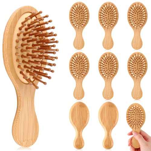 10 Pack Mini Bamboo Hair Brush Bulk Pocket Travel Small Hairbrush Long Short Wet Dry Hair Scalp Massage Gifts for Wedding Bridesmaid Party Favors for Women Men (Oval)