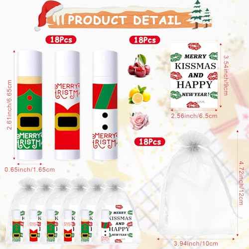 Christmas Lip Balm Bulk, 18Pcs Christmas Lip Balm Set with Cards and Organza Bags, Xmas Lips Balms Gift Set for Teens and Adults, Xmas Stocking Stuffer Party Supplies, Lips Care