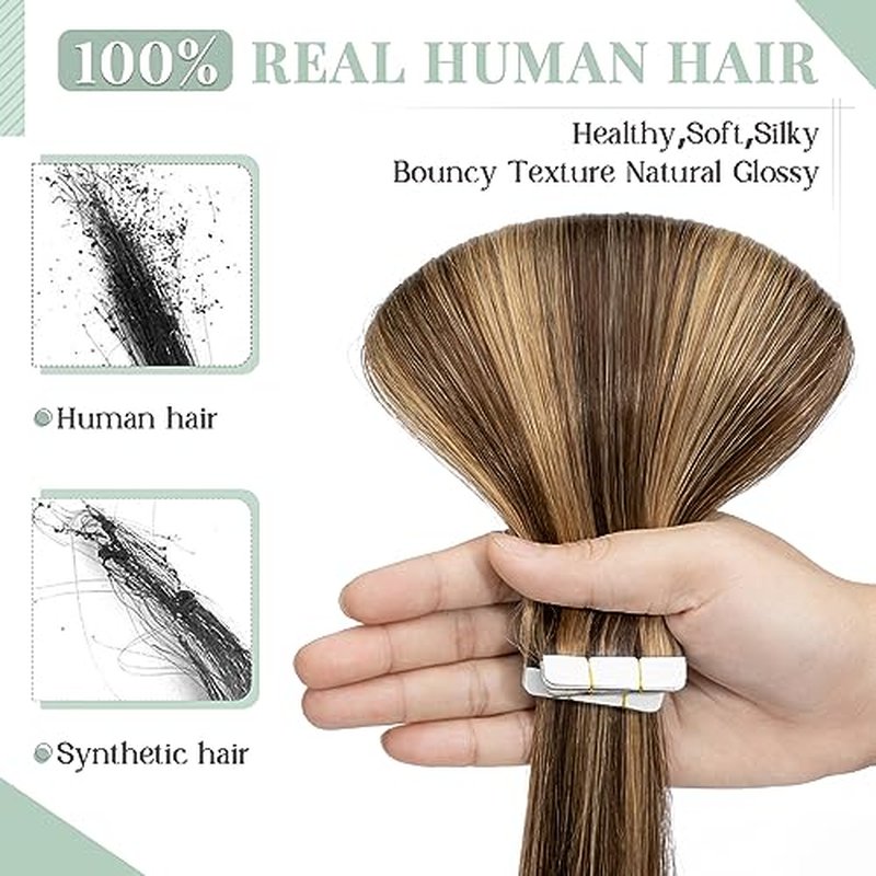 Rich Choices Tape in Hair Extensions Human Hair, 40pcs 80g 100% Remy Seamless Tape Hair Extensions Real Human Hair,14 Inch #4P27 Medium Brown Highlighted Dark Blond
