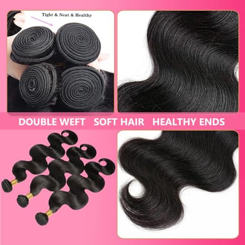 12A Human Hair Bundles 10 12 14Inch Body Wave Bundles Human Hair 100% Unprocessed Brazilian Virgin Weave Bundles 3 Bundles Real Natural Black Wavy Human Hair Extensions 1B Bundles for Women