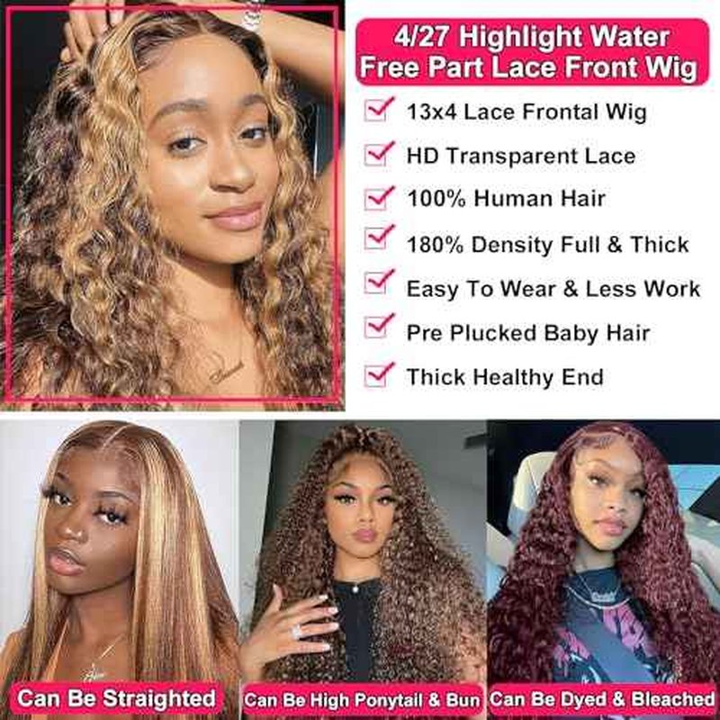 Highlight Ombre 13x4 Lace Front Wig Human Hair Pre Plucked HD Transparent 4/27 Honey Blonde lace frontal Wigs with Baby Hair 180% Density Colored Water Wave Lace Front wig for Women 26 inch