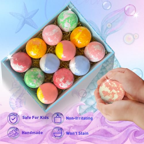 Bath Bombs for Kids with Surprise Inside, 12pcs Kids Bath Bombs with Mermaid Toys Gift Set for Girls, Shea & Coco Butter Dry Skin Moisturize, Handmade Fizzy Bubble Spa Bath Ball for Birthday Christmas