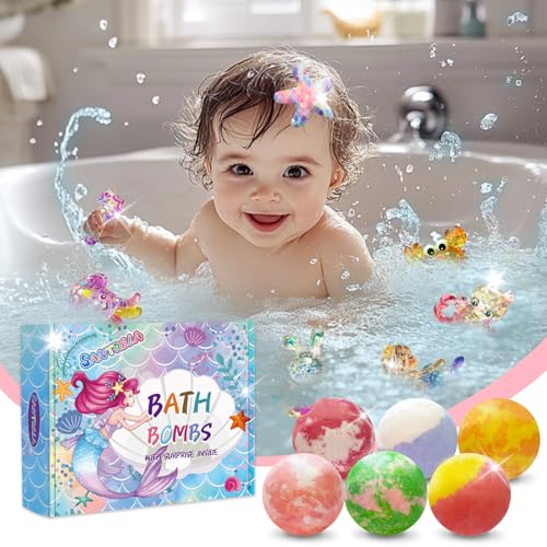 Bath Bombs for Kids with Surprise Inside, 12pcs Kids Bath Bombs with Mermaid Toys Gift Set for Girls, Shea & Coco Butter Dry Skin Moisturize, Handmade Fizzy Bubble Spa Bath Ball for Birthday Christmas