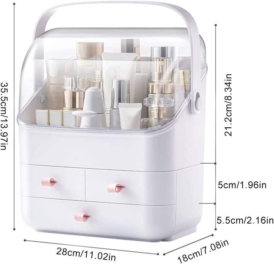 Cosmetic Storage Box - Makeup Organizer with Dust-Free Cover & Portable Handle | Large Display Case with Drawers for Dresser & Bathroom Countertop