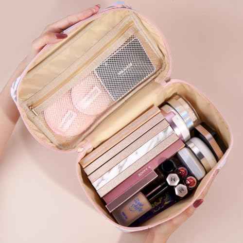 MAANGE Travel Makeup Bag, Cosmetic Bag, Portable Large Capacity Makeup Case, Make Up Organizer For Women, Oxford Cloth Toiletry Bag With Handle (Pink Plants)