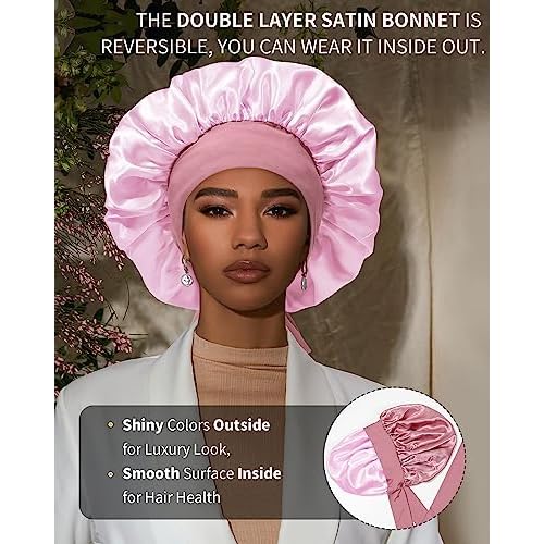 Satin Bonnet for Women Silk Bonnets for Sleeping Curly Hair Bonnet with Elastic Tie Band Reversible Double Layer Sleep Cap Hair Wrap (Bean Paste + Pink)