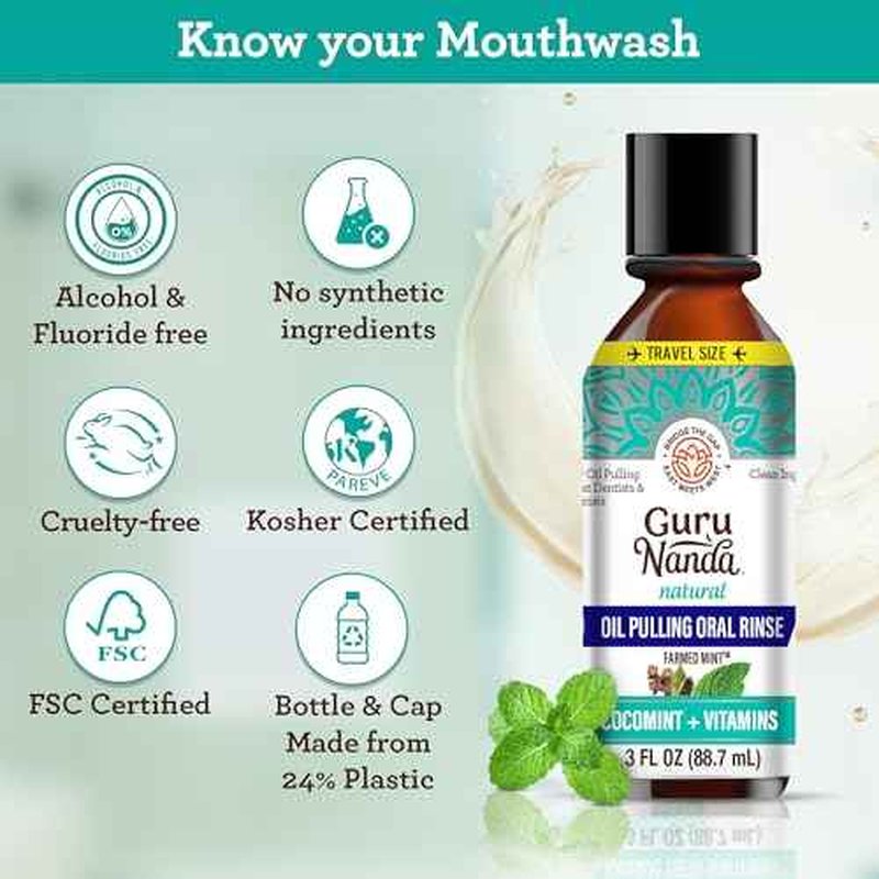 GuruNanda Travel Size CocoMint Oil Pulling Mouthwash, 7 Essential Oils & Vitamins, Promotes Fresh Breath & Happy Gums, No Alcohol & Fluoride, 3 oz