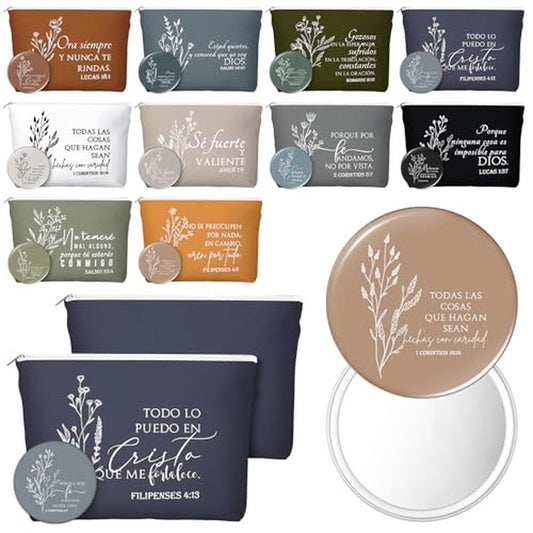 Kacctyen 40 Sets Advent Beauty Calendar Spanish Christian Gifts for Women Regalos Cristianos Para Mujer for Christmas Religious Canvas Makeup Bags with Bible Verse Compact Mirrors (Boho Color)
