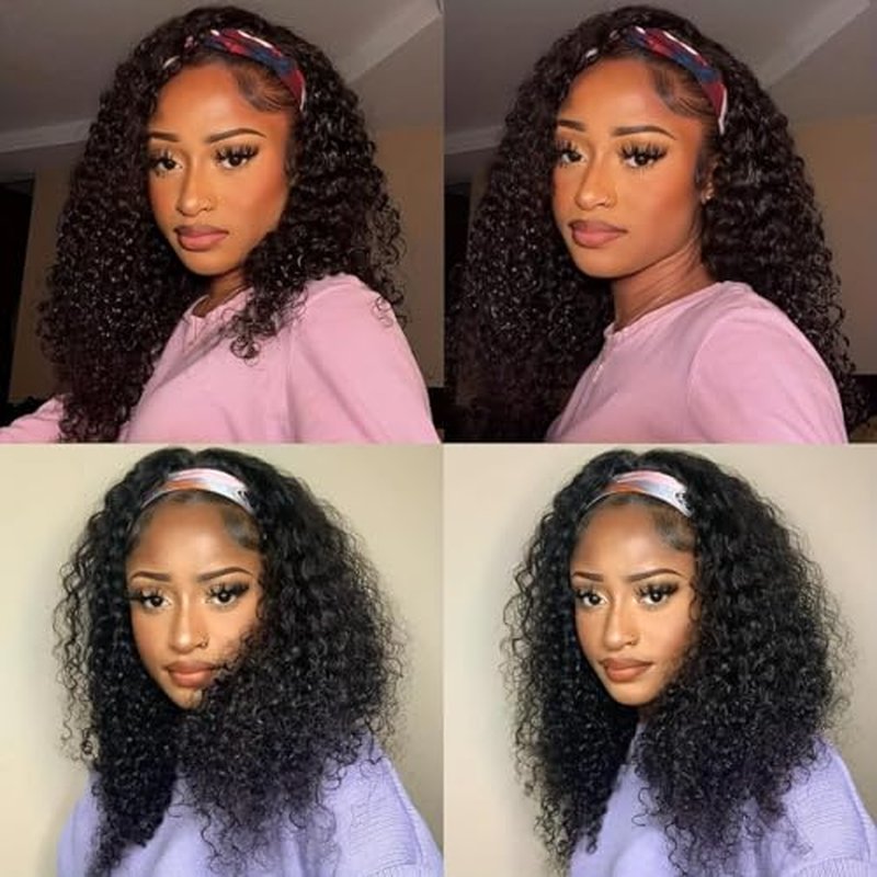 Headband Wig Human Hair Curly Headband Wigs for Black Women Glueless Wear and Go Wig 100% Brazilian Virgin Human Hair Headband wig 150% Density (14inch)