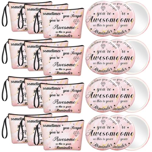 Xuniea 24 Pcs Inspirational Gifts for Women Bulk 12 Motivation Canvas Makeup Bags 12 Round Portable Pocket Mirror for Team Employee Coworker Housekeeping Appreciation Thank You Gifts(Awesome)