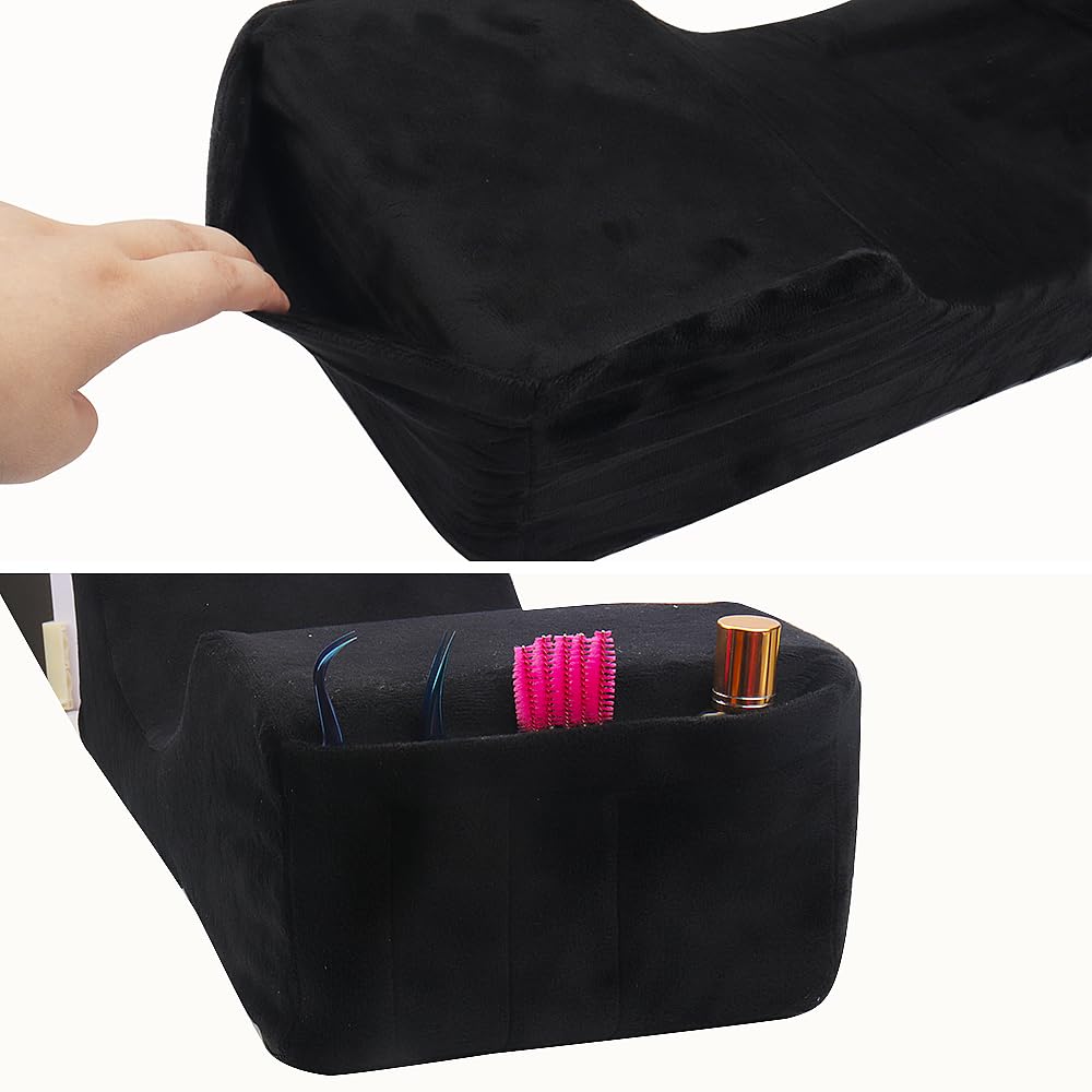 Beauty Salon Eyelash Extension Velvet Lash Pillow Beauty Salon Memory Foam Neck Pillow for Lash Extension Grafting Make Up Side Pockets for Tools(Black,2Pack)