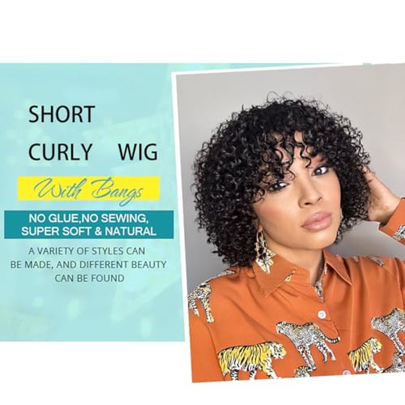 HairyFairy short curly wigs, 100% human hair wigs for black women, human hair wig with bangs glueless, machine made, no lace, light and comfortable (natural black, 12 inches)