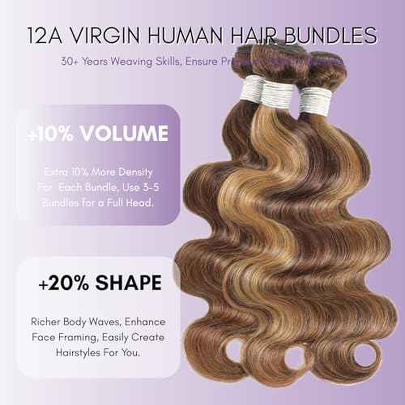 P4/27 Honey Blonde Highlight Body Wave 3 Bundles Human Hair 16 18 20 inch, 12A 100% Virgin Brazilian Weaves Thick Track Balayage Ombre Brown Colored Human Hair Bundles Deals Sew In Remy