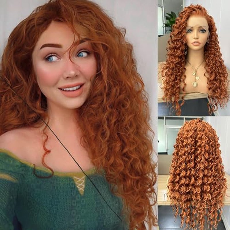 RONGDUOYI Ginger Long Curly Lace Wig Synthetic Frontal Lace Wigs with Free Part Heat Friendly Synthetic Lace Front Wigs for Women Princess Merida Cosplay Wig 26Inch